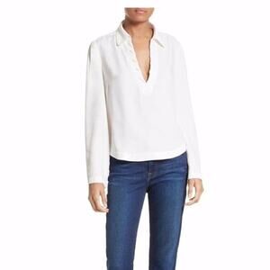 Women's Size L FRAME White Long Sleeve V-Neck Whipstitch V-Neck Collared Blouse